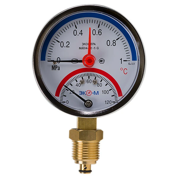 Термоманометр Экомера МД04-80мм 0..1МПа 0..120С G1\4 с переходником на G1\2