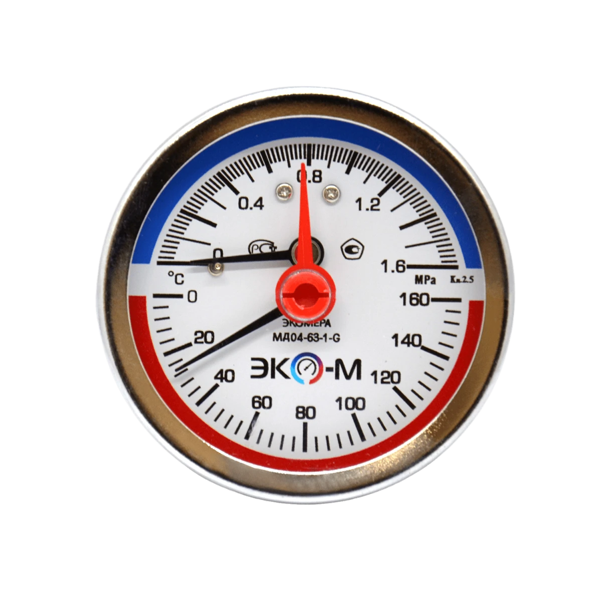 Термоманометр Экомера МД04-63мм 0..1,6МПа 0..160С G1\4 с переходником на G1\2 Осевой