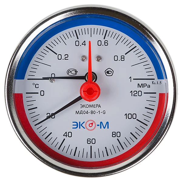 Термоманометр Экомера МД04-80мм 0..1МПа 0..120С G1\4 L=40 mm с переходником на G1\2 осевой