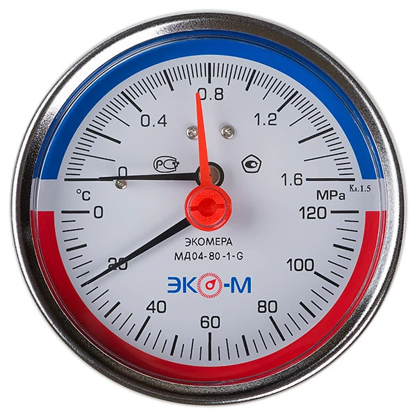 Термоманометр Экомера МД04-80мм 0..1,6МПа 0..120С G1\4 L=40 mm с переходником на G1\2 осевой