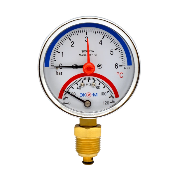 Термоманометр Экомера МД04-80мм 0..6 бар 0..120С G1/4 с переходником на G1/2