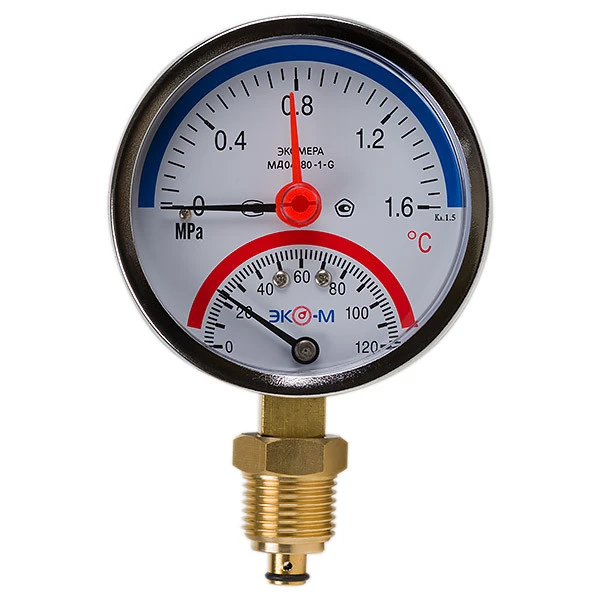 Термоманометр Экомера МД04-80мм 0..1,6МПа 0..120С G1\4 с переходником на G1\2
