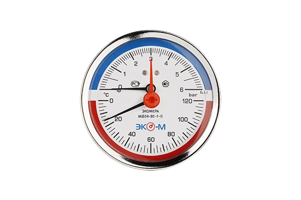 Термоманометр Экомера МД04-80мм 0..6 бар 0..120С G1/4 с переходником на G1/2 осевой