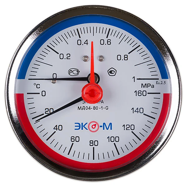 Термоманометр Экомера МД04-80мм 0..1МПа 0..160С G1\4 с переходником на G1\2 Осевой