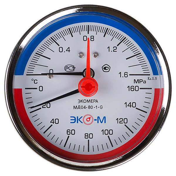 Термоманометр Экомера МД04-80мм 0..1,6МПа 0..160С G1\4 L=40 mm с переходником на G1\2 осевой