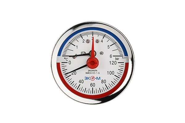 Термоманометр Экомера МД04-63мм 0..6 бар 0..120С G1/4 с переходником на G1/2 осевой