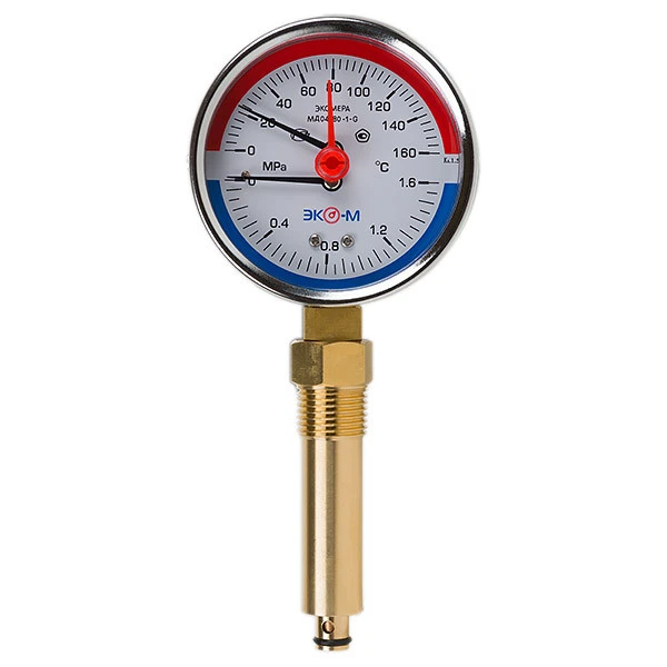 Термоманометр Экомера МД04-80мм 0..1,6МПа 0..160С G1\4 L=60 mm с переходником на G1\2