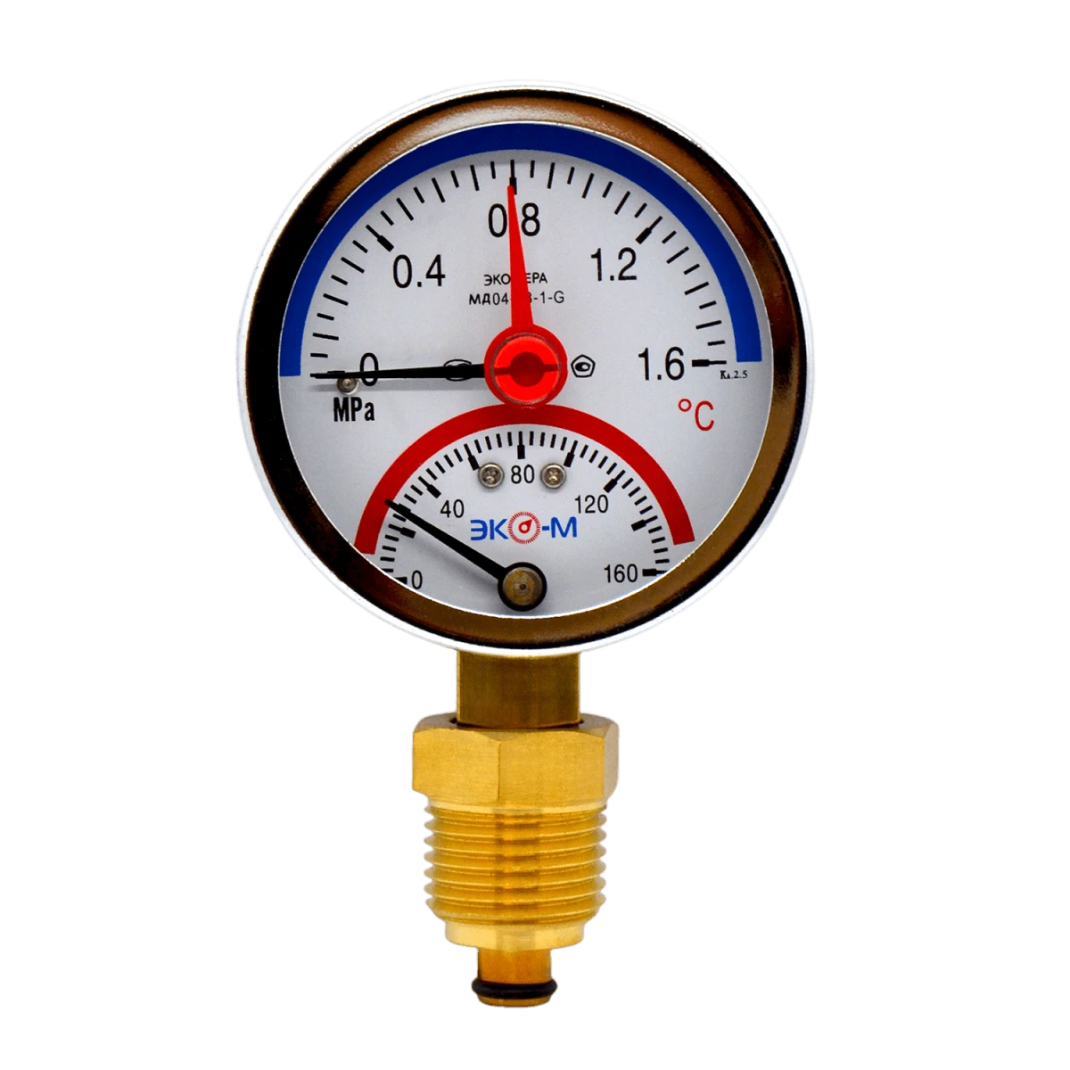 Термоманометр Экомера МД04-63мм 0..1,6МПа 0..160С G14 с переходником на G1/2
