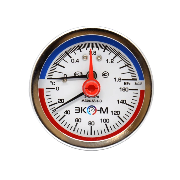 Термоманометр Экомера МД04-63мм 0..1,6МПа 0..160С G1\4 с переходником на G1\2 Осевой