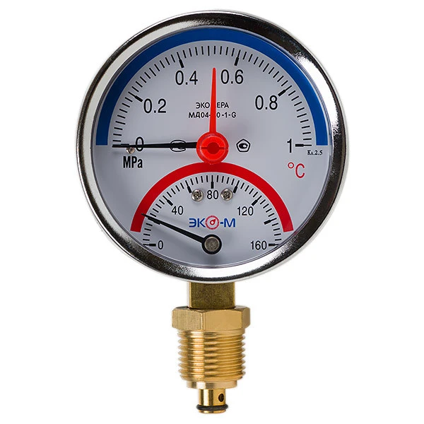 Термоманометр Экомера МД04-80мм 0..1МПа 0..160С G1\4 с переходником на G1\2