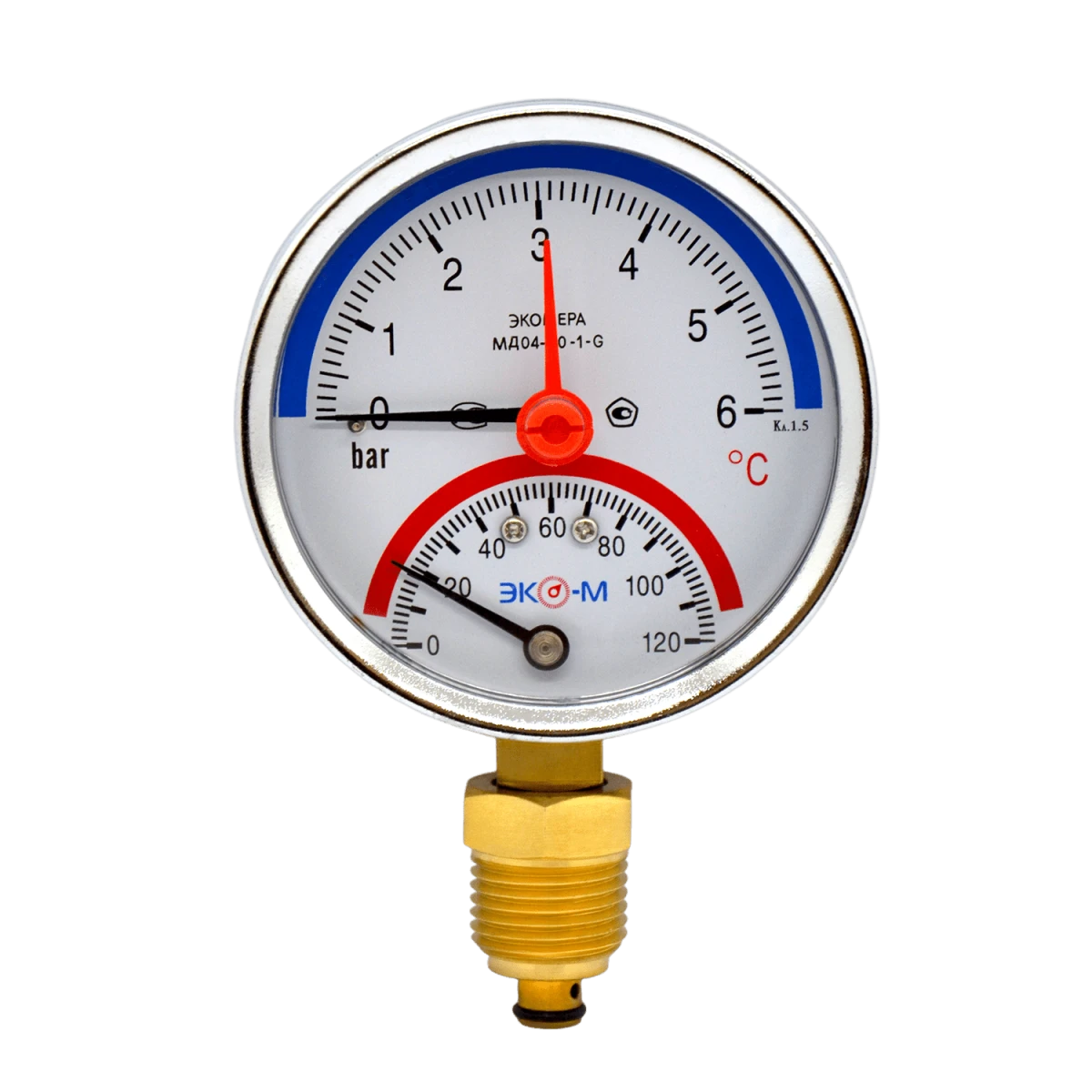 Термоманометр Экомера МД04-80мм 0..6 бар 0..120С G1/4 с переходником на G1/2