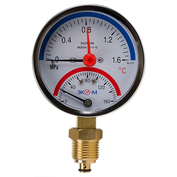 Термоманометр Экомера МД04-80мм 0..1,6МПа 0..160С G1\4 с переходником на G1\2